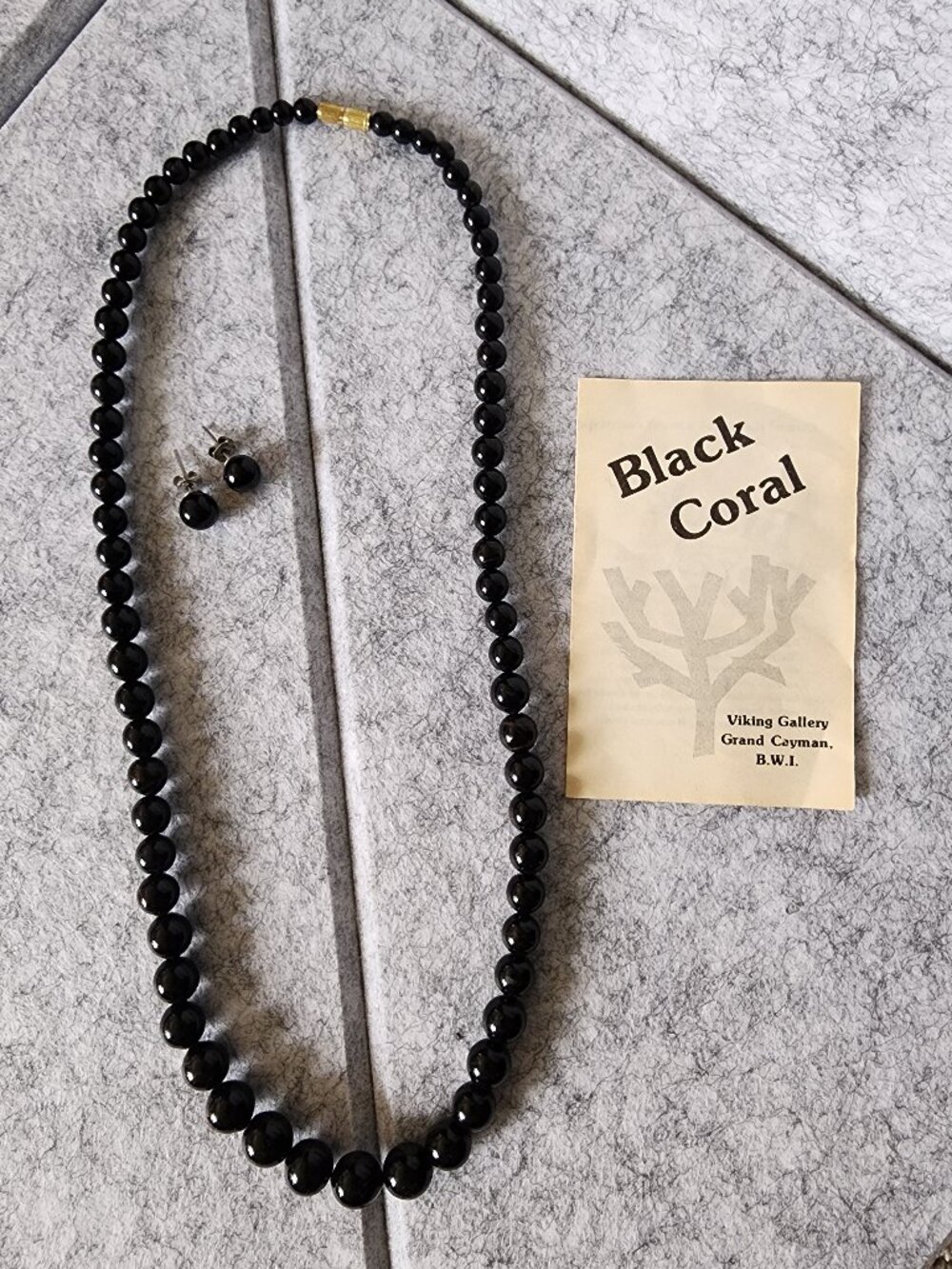 Vintage Grand Cayman Black Coral Bead Necklace & Stud Earrings Set
